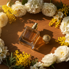 una boccetta di profumo lussuosa e aperta con tappo a fianco, circondata da fiori bianchi e mimosa disposti randomicamente e sparsi, su un tavolo di legno. Vista top view e luce calda e avvolgente