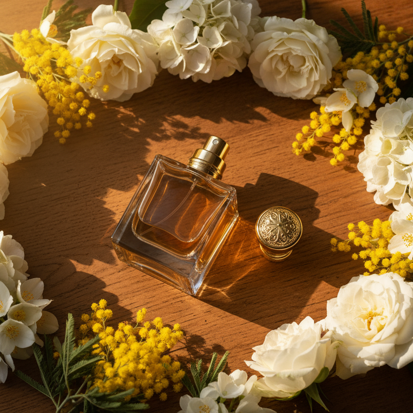 una boccetta di profumo lussuosa e aperta con tappo a fianco, circondata da fiori bianchi e mimosa disposti randomicamente e sparsi, su un tavolo di legno. Vista top view e luce calda e avvolgente