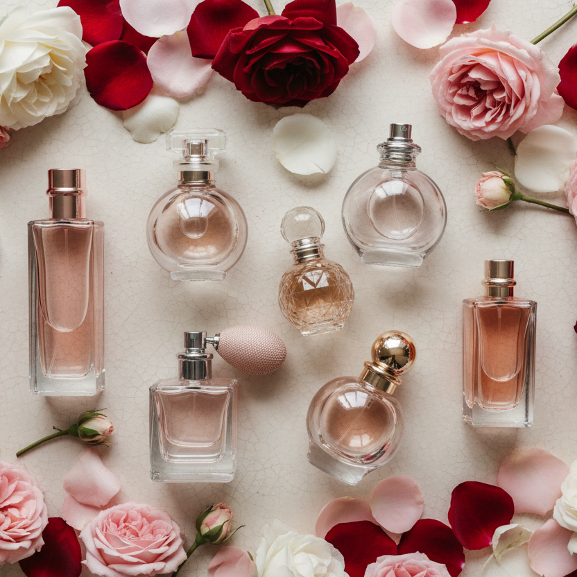 varie boccette di profumi in vetro sparse su un tavolo di ceramica e circondate da petali di rose e boccioli di rose rosse, rosa e bianche sparse. Vista top view