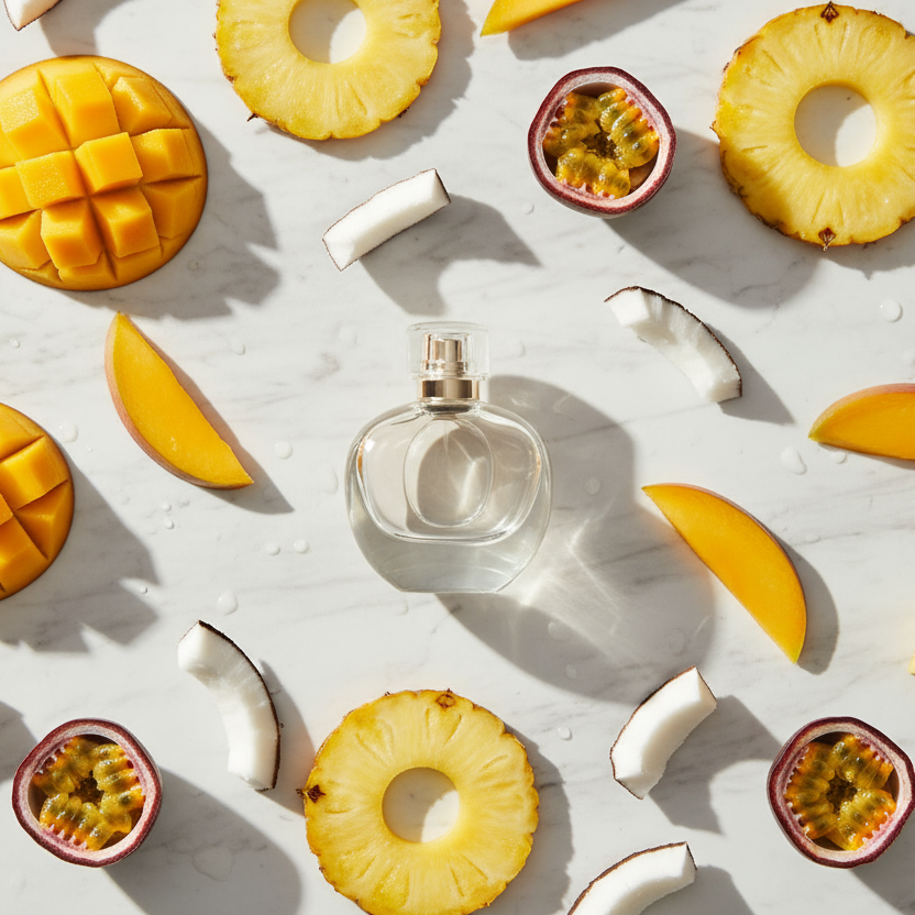 Una boccetta di profumo trasparente al centro, circondata da fette di mango, ananas, cocco e frutto della passione in modo totalmente sparso su un tavolo in marmo. Atmosfera solare ed esotica, luce calda dorata, riflessi morbidi e texture succose. Stile fotografico raffinato, mood luminoso e gioioso, sensazione di freschezza tropicale. Vista top view dall'alto